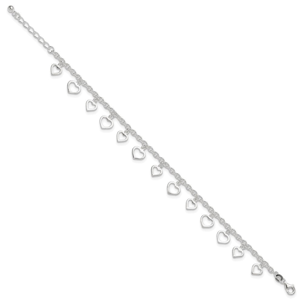 Sterling Silver 8 in Plus 1in Ext Polished Heart Anklet 9 inches