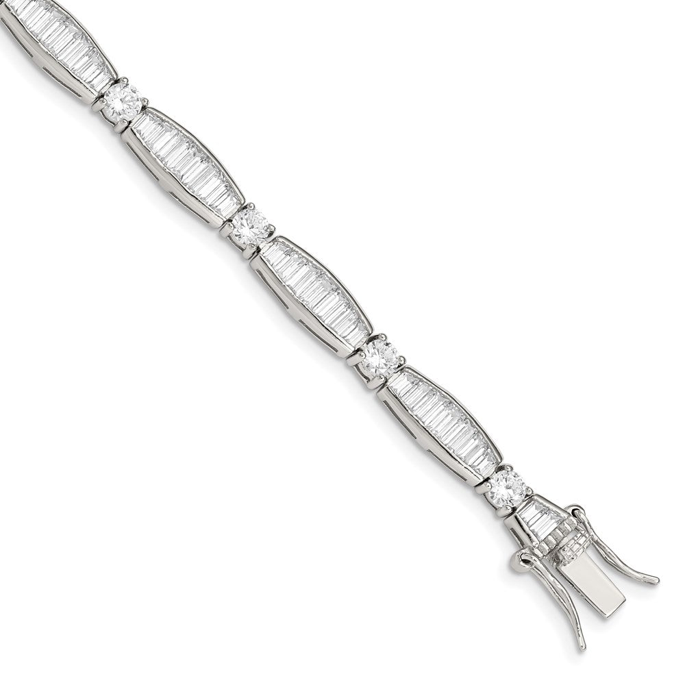 Sterling Silver Rhodium-plated Baguette and Round CZ Bracelet 7 inches