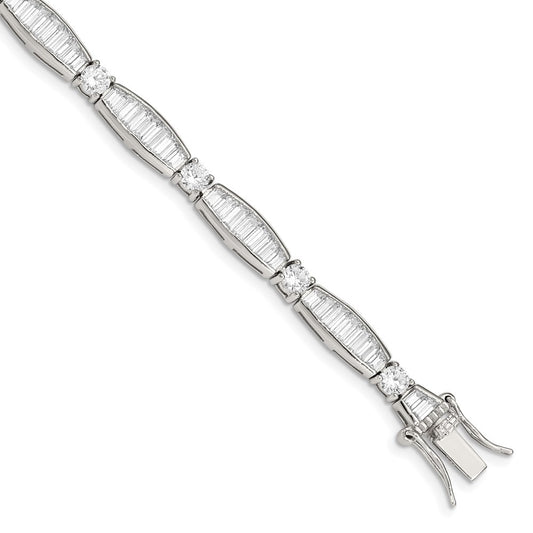 Sterling Silver Rhodium-plated Baguette and Round CZ Bracelet 7 inches