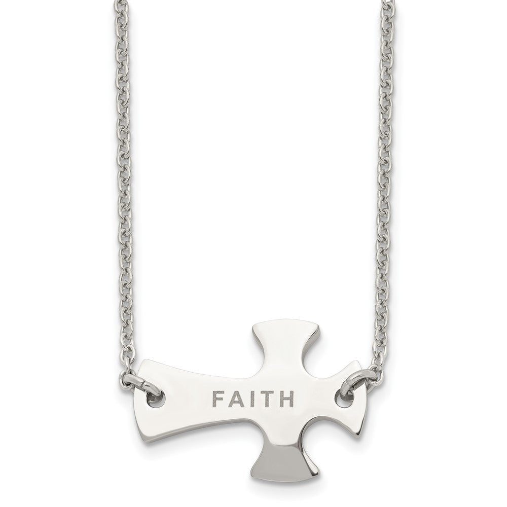 Stainless Steel Polished FAITH Sideways Cross 19in Necklace