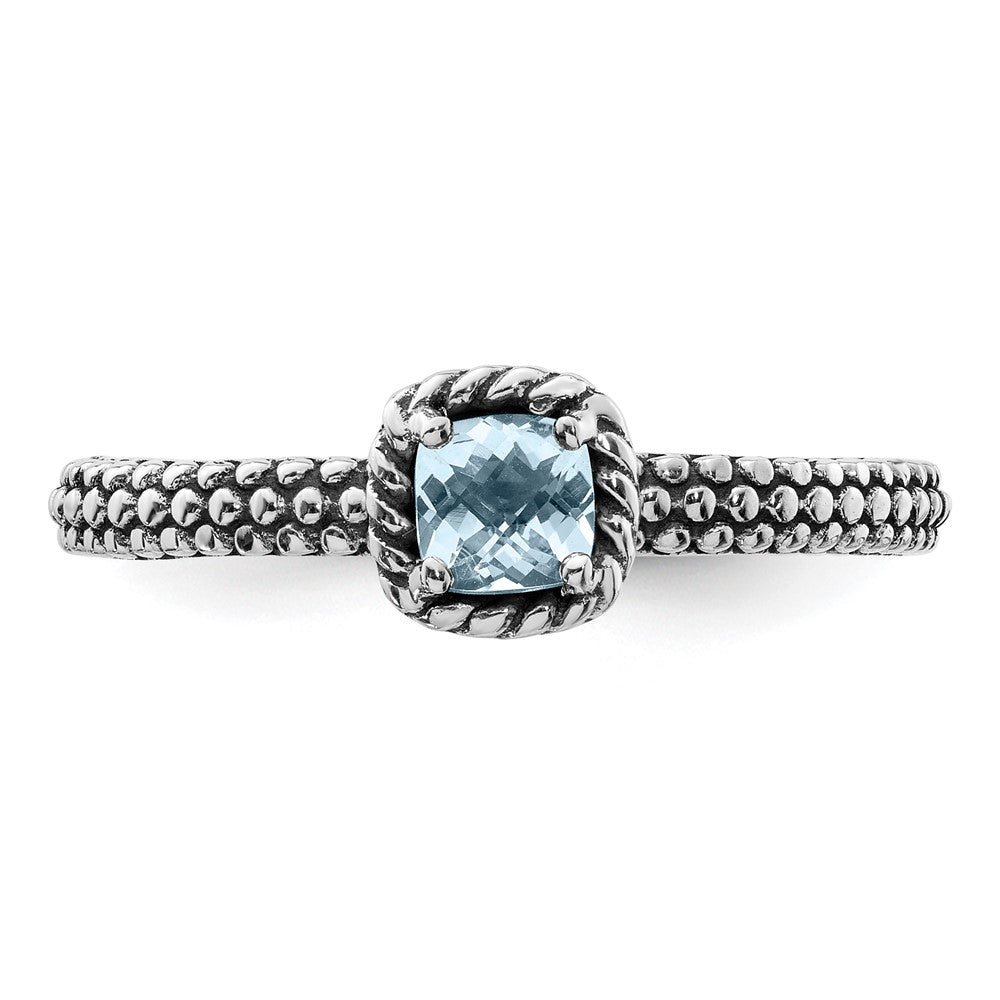 Sterling Silver Stackable Expressions Checker-cut Aquamarine Antiqued Ring Size -9