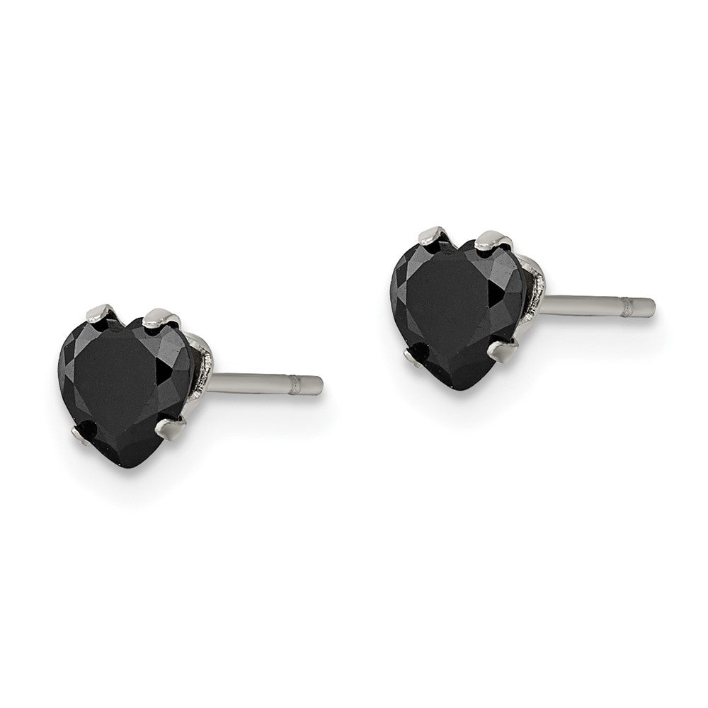 Stainless Steel Polished 5mm Black Heart CZ Stud Post Earrings