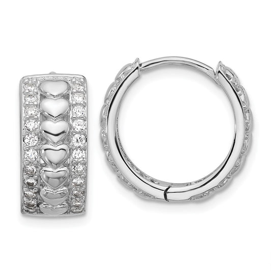 Sterling Silver Rhodium-plated CZ Polished Hearts Hinged Hoop Earrings