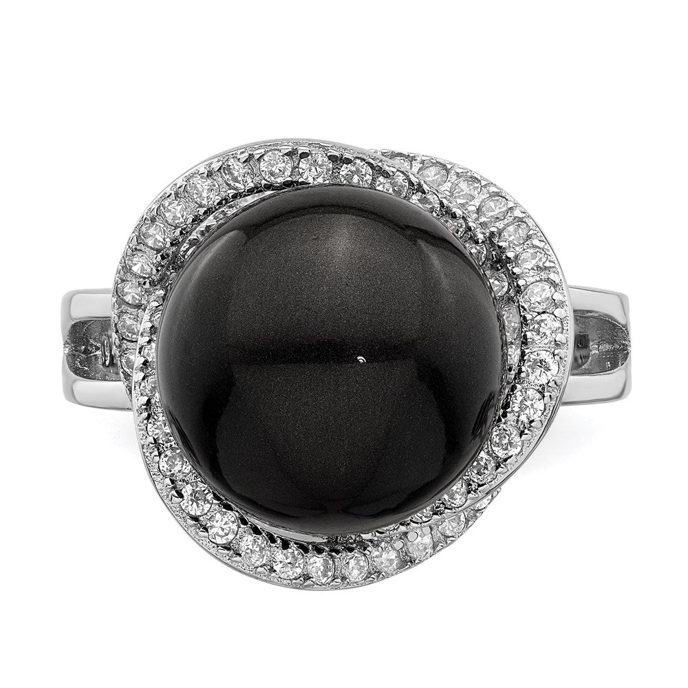 Majestik Sterling Silver Rhodium-plated Size 8 12-13mm Black Imitation Shell Pearl and CZ Ring
