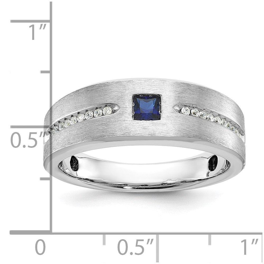 14k White Gold IBGoodman Men's Satin Lab Created Sapphire and 1/8 carat Diamond Complete Ring