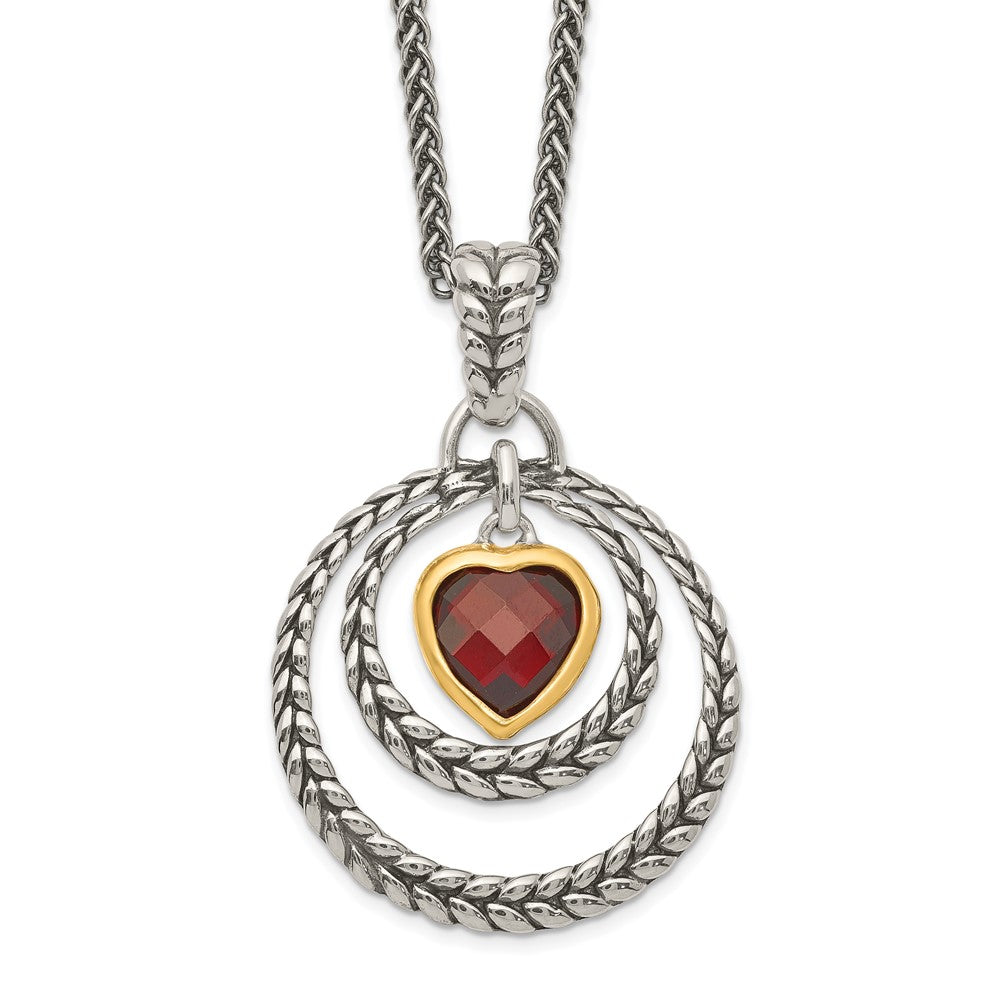Shey Couture Sterling Silver Gold-tone Flash Gold-plated 18 Inch Antiqued Checkerboard Garnet Heart Necklace 18 Inches