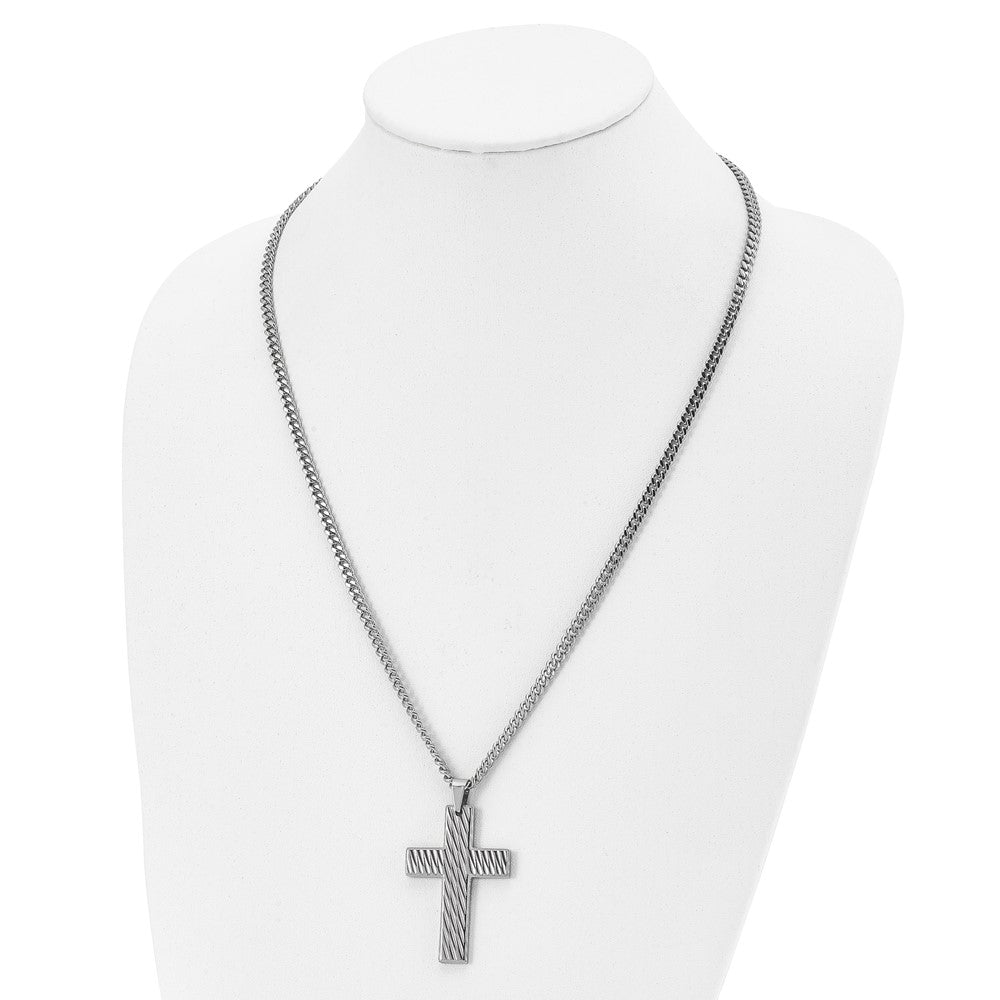 Stainless Steel Polished and Textured Cross 24in Necklace