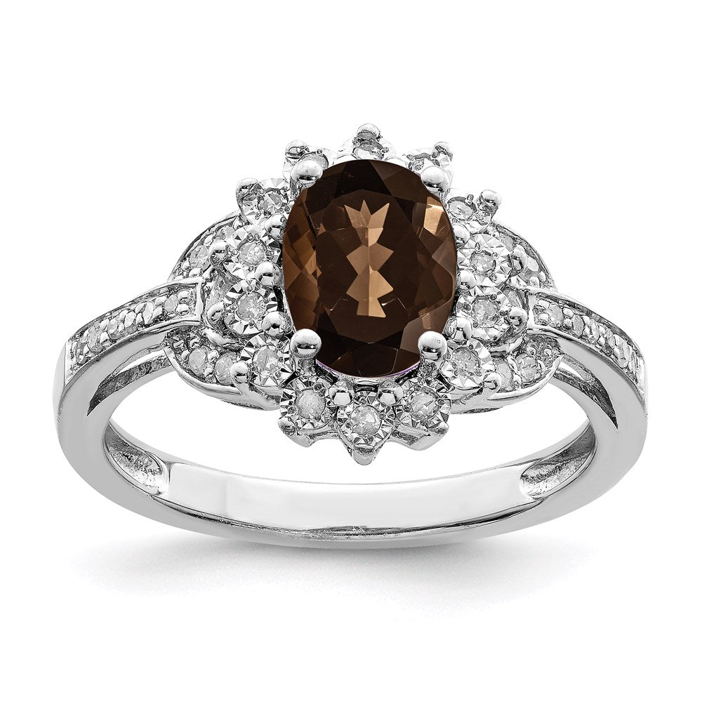 Sterling Silver Rhodium Diam. & Oval Checker-Cut Smoky Quartz Ring