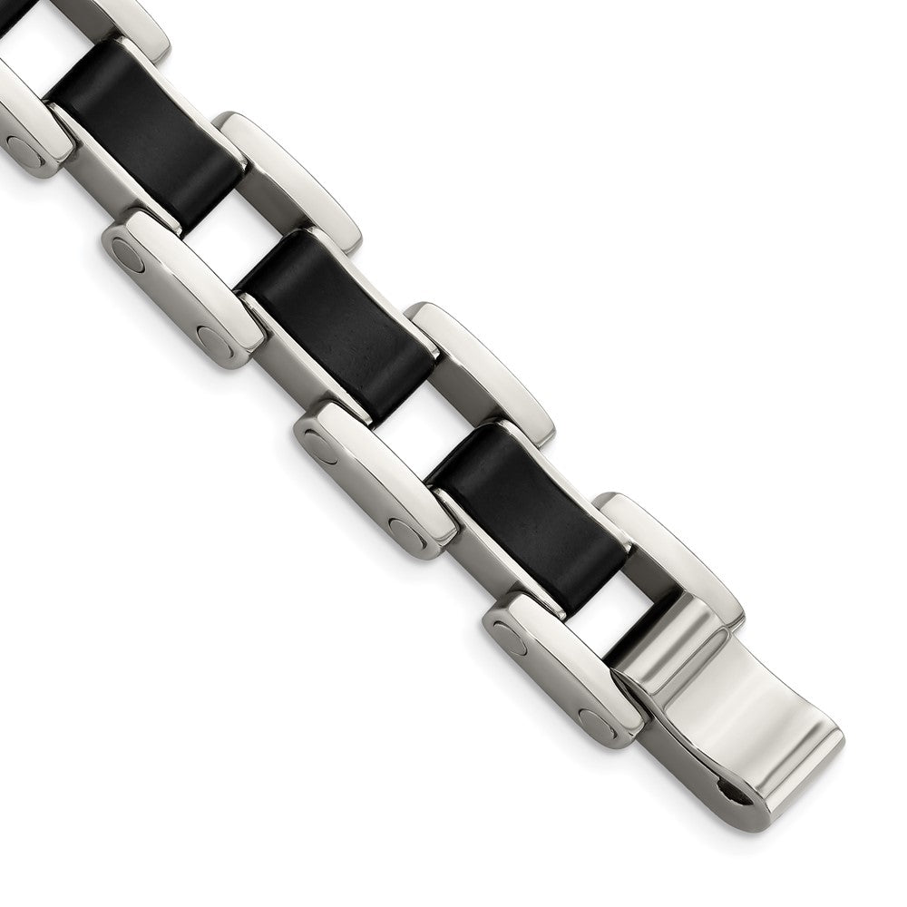 Stainless Steel Polished with Black Rubber 8.5in Bracelet 8.5 inches