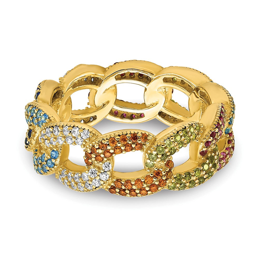 Prizma Sterling Silver Gold-tone 14K Flash Gold-plated Colorful CZ Cuban Link Ring