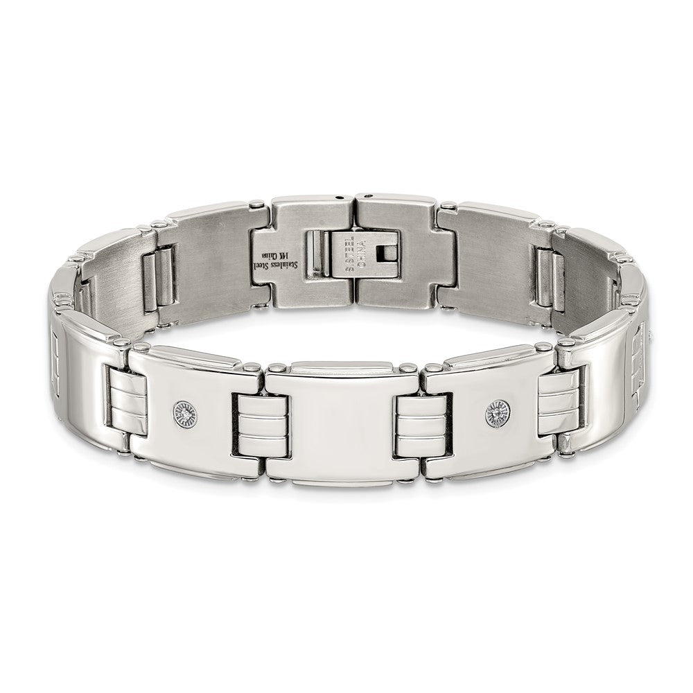 Chisel Stainless Steel Polished with 14K White Accent and .03ct Diamond 8 inch Link Bracelet 8 inches