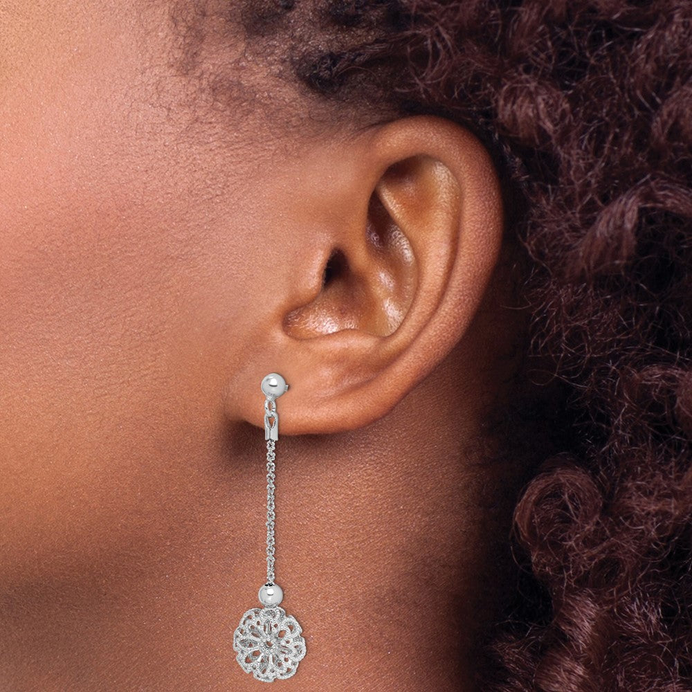 Sterling Silver RH-plated  D/C Flower Post Dangle Earrings