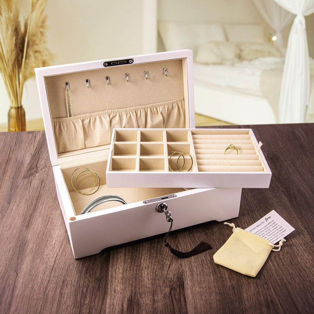 Luxury Giftware White Painted Matte Finish Wooden Velour Lining Jewelry Box