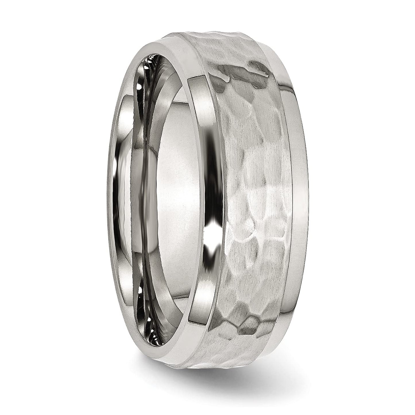 Stainless Steel Brushed Polished and Hammered 8mm Beveled Edge Band Size - 9.5
