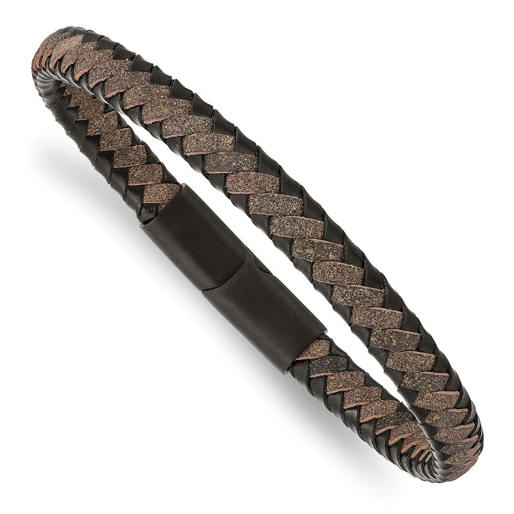 Stainless Steel Brushed Black IP-plated Black/Brown Leather 8.25in Bracelet 8.25 inches