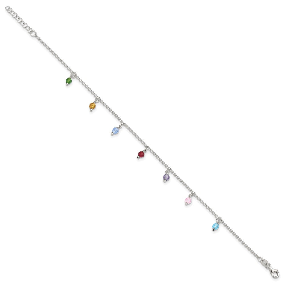 Sterling Silver Polished Multi-colored Beads 9in Plus 1in ext. Anklet 9 inches