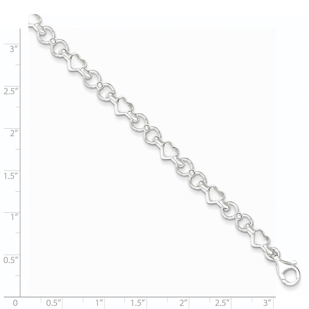 Sterling Silver Polished and Brushed Hearts and Circles Bracelet 7.5 inches