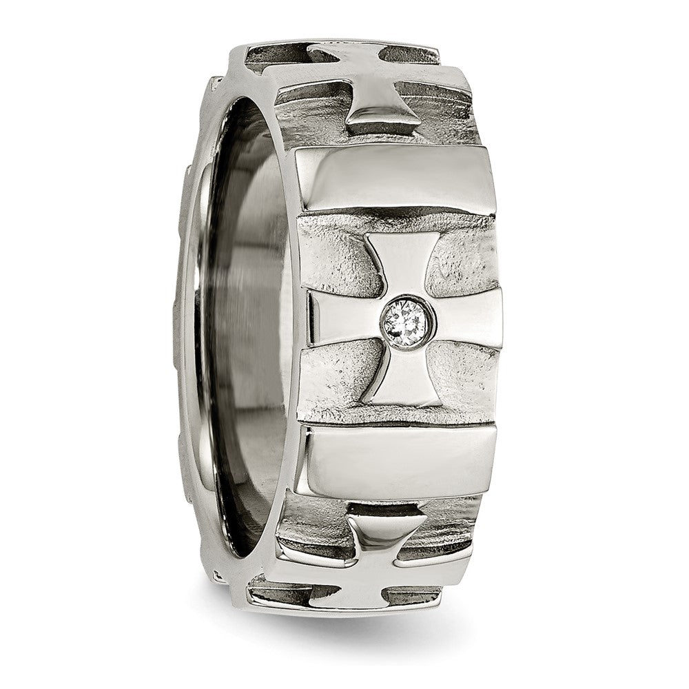 Stainless Steel Brushed & Polished 3pt Diamond Cross 9mm Band Size - 11.5