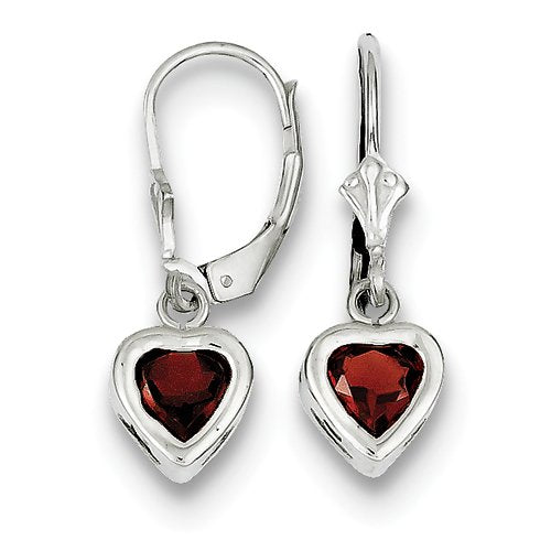Sterling Silver Rhodium Plated 6mm Heart Garnet Leverback Earrings