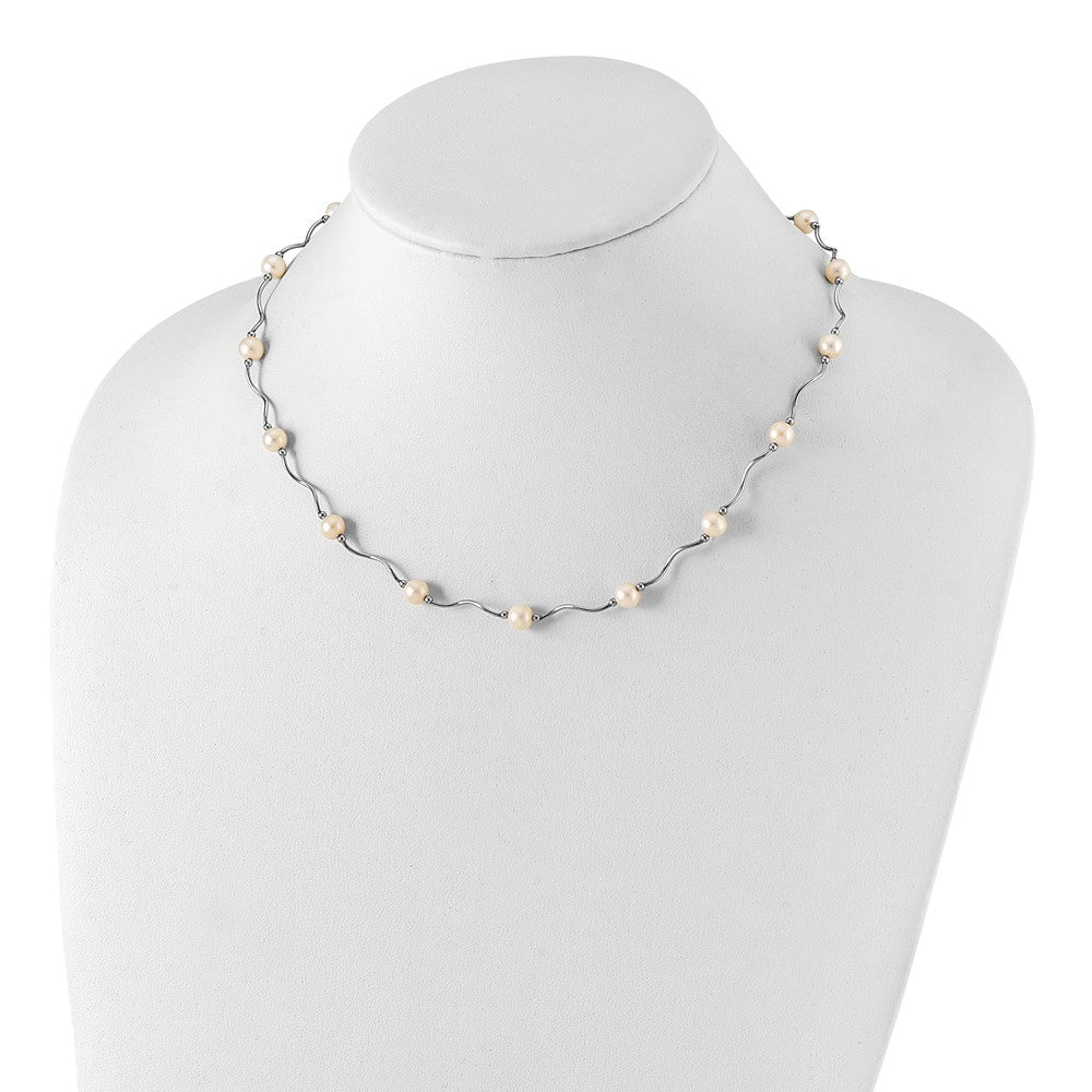 Sterling Silver Rhodium-plated 6-7mm White Near-Round Freshwater Cultured Pearl 18-Station 18 inch Necklace 18 Inches