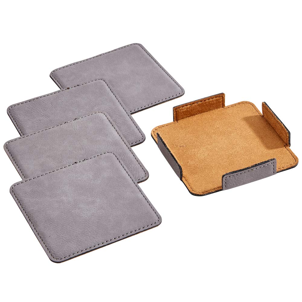 Set of 4 Gray Leatherette Square Coasters, 4"