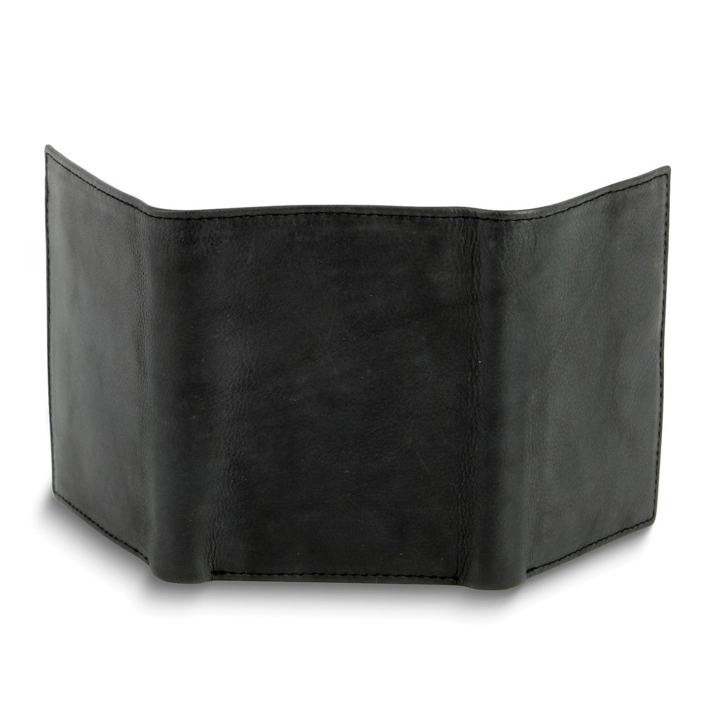 Black Calf Skin Leather RFID Blocking 6-Slot Trifold Wallet with ID Window