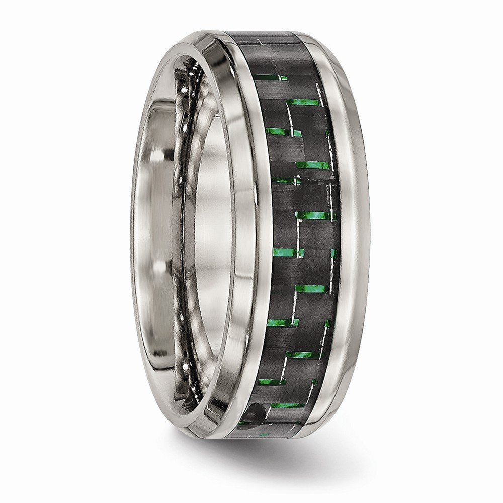 Titanium Polished with Black/Green Carbon Fiber Inlay 8mm Ring Size - 8.5