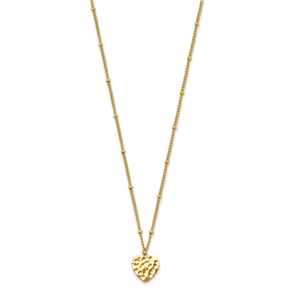 Stainless Steel Polished Hammered Yellow IP Heart 15in w/2in ext. Necklace