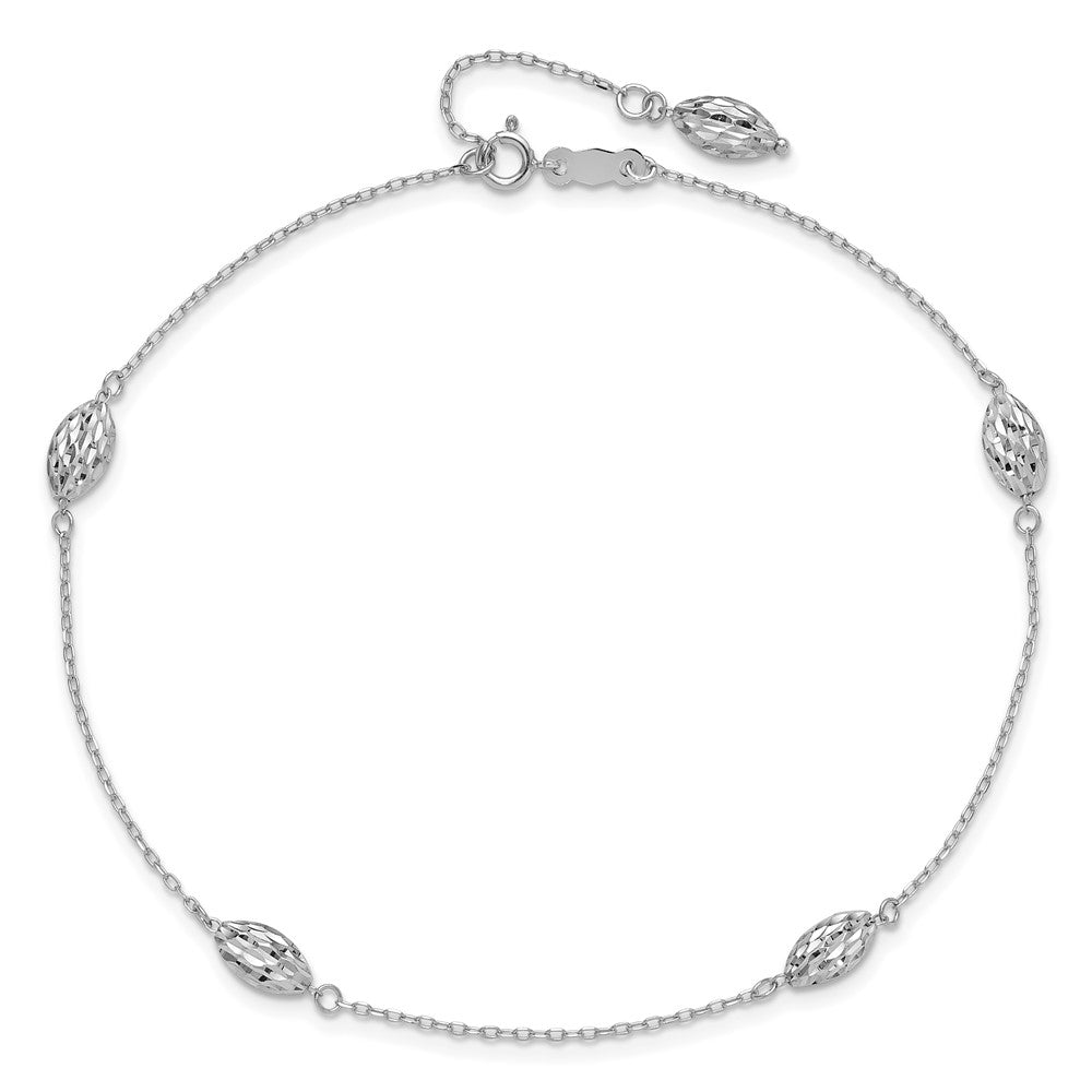 14k White Gold Puffed Rice Bead 9in Plus 1in ext. Anklet 9 inches