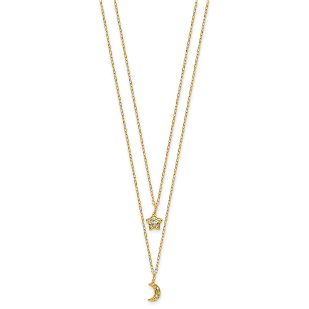 Cheryl M Sterling Silver Gold-plated Polished 2-Strand CZ Moon and Star 16 Inch with 2 Inch Extension Necklace