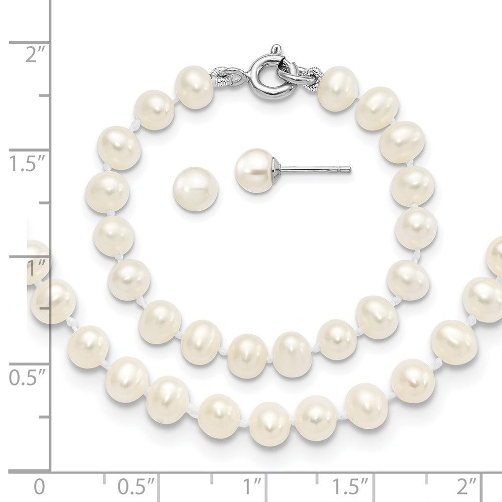 Sterling Silver Madi K Rhodium-plated 5-6mm White Semi-Round Freshwater Cultured Pearl 12 inch Necklace, 4 inch Bracelet & Post Earrings Set