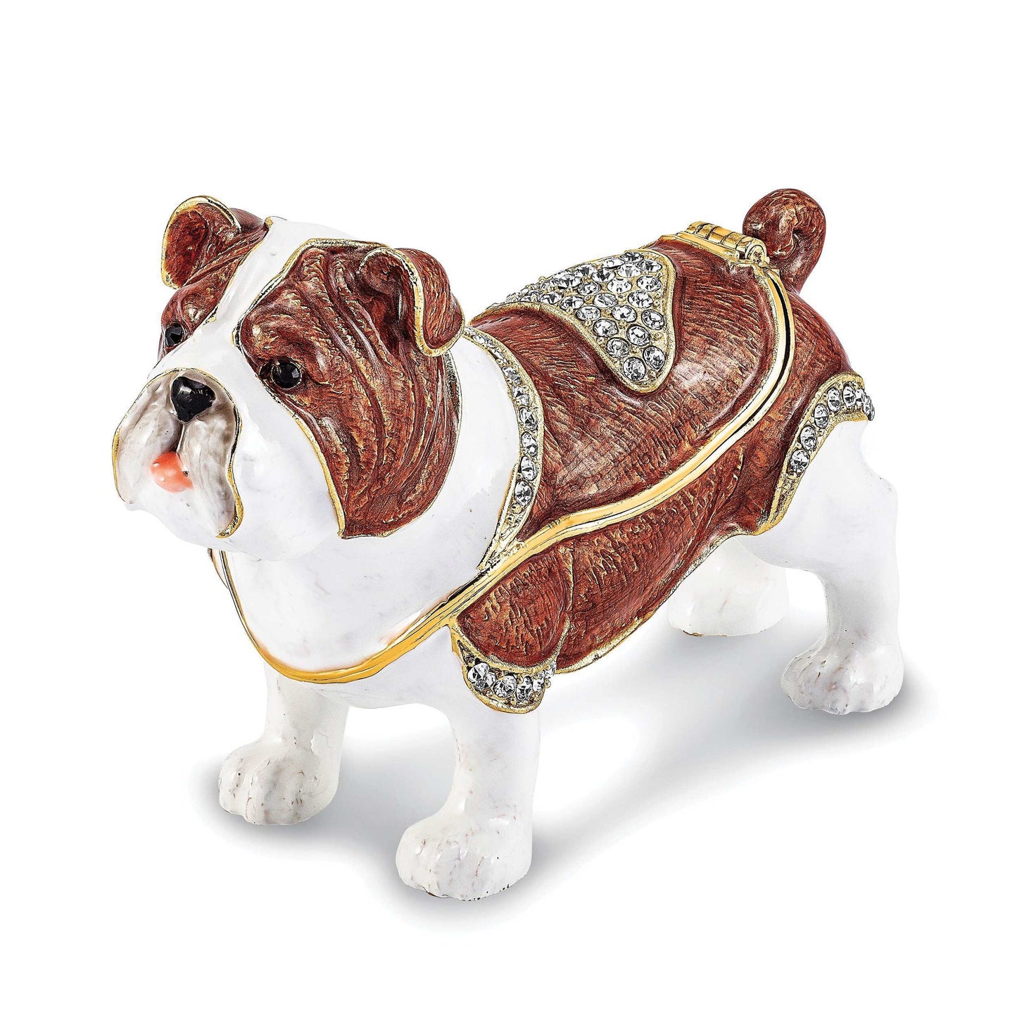 Luxury Giftware by Jere Pewter Bejeweled Crystals Gold-tone Enameled MAC English Bulldog Trinket Box with Matching 18 Inch Necklace QBJ4072