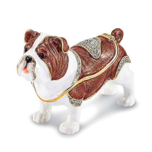 Luxury Giftware by Jere Pewter Bejeweled Crystals Gold-tone Enameled MAC English Bulldog Trinket Box with Matching 18 Inch Necklace QBJ4072
