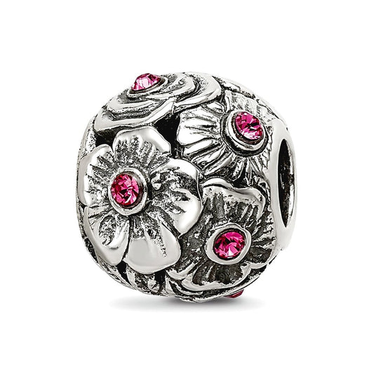 925 Sterling Silver Oxidized Reflections Pink Crystal Flower Bead Charm 10x9.09mm Wide Pendant Necklace for Women