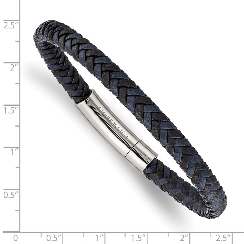 Stainless Steel Polished Black and Blue Braided Leather 8.25in Bracelet 8.25 inches