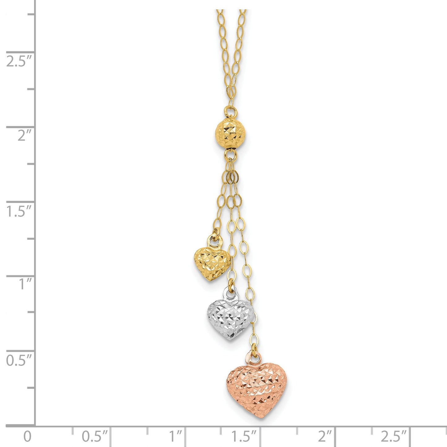 14 Karat Tri-color Puff Heart Lariat with 2 Inch E