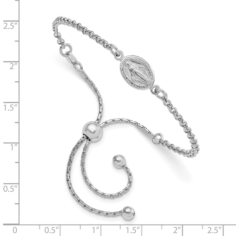 Sterling Silver Rhodium-Plate Miraculous Medal Adjustable 4-9in Bracelet 4 to 9 inches