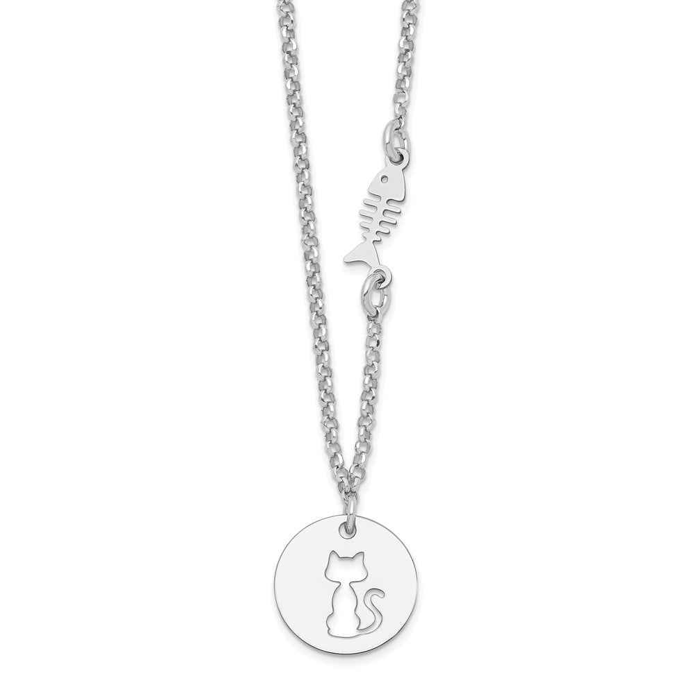 Sterling Silver Rhodium-plated Kitty and Fish w/1 in Ext Necklace 16 Inches