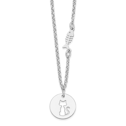 Sterling Silver Rhodium-plated Kitty and Fish w/1 in Ext Necklace 16 Inches
