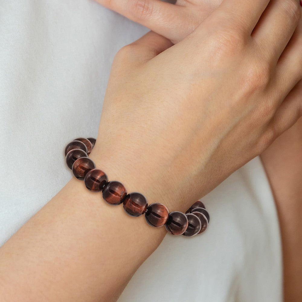 Red Tiger's Eye Agate Beaded Stretch Bracelet 6.25 inches