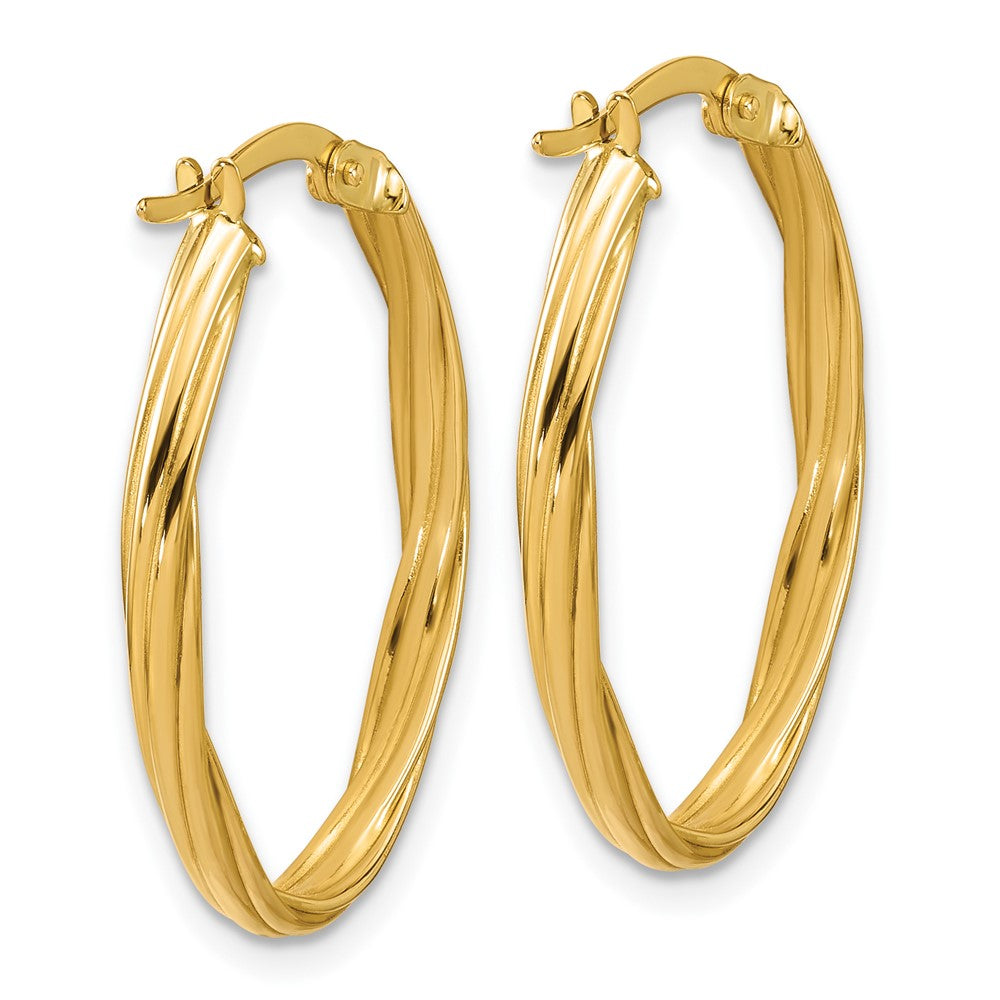 14K Polished and Grooved Twist Oval Hoop Earrings