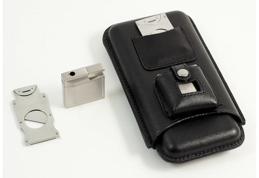 Black Leather Three Cigar Travel Case with Stainless Steel Cutter and Lighter QGM111
