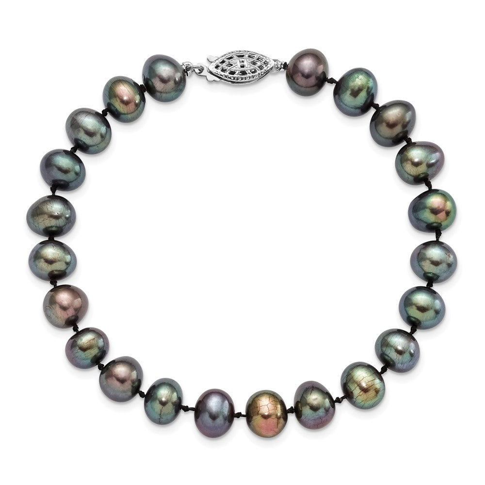 Sterling Silver Rhodium-plated 7-8mm Black Near-Round Freshwater Cultured Pearl 7.25 inch Bracelet 7.25 inches
