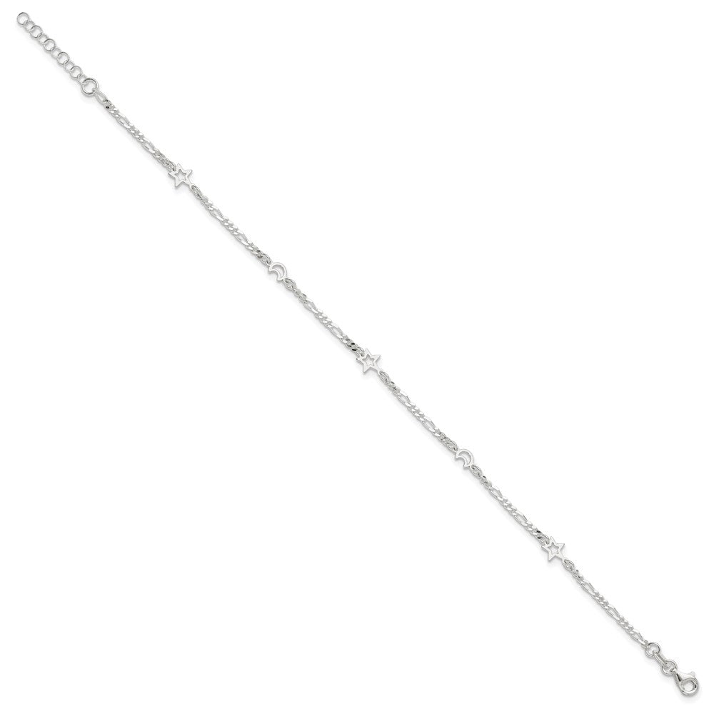 Sterling Silver Polished Moon and Star 9in Plus 1in Ext. Anklet 9 inches