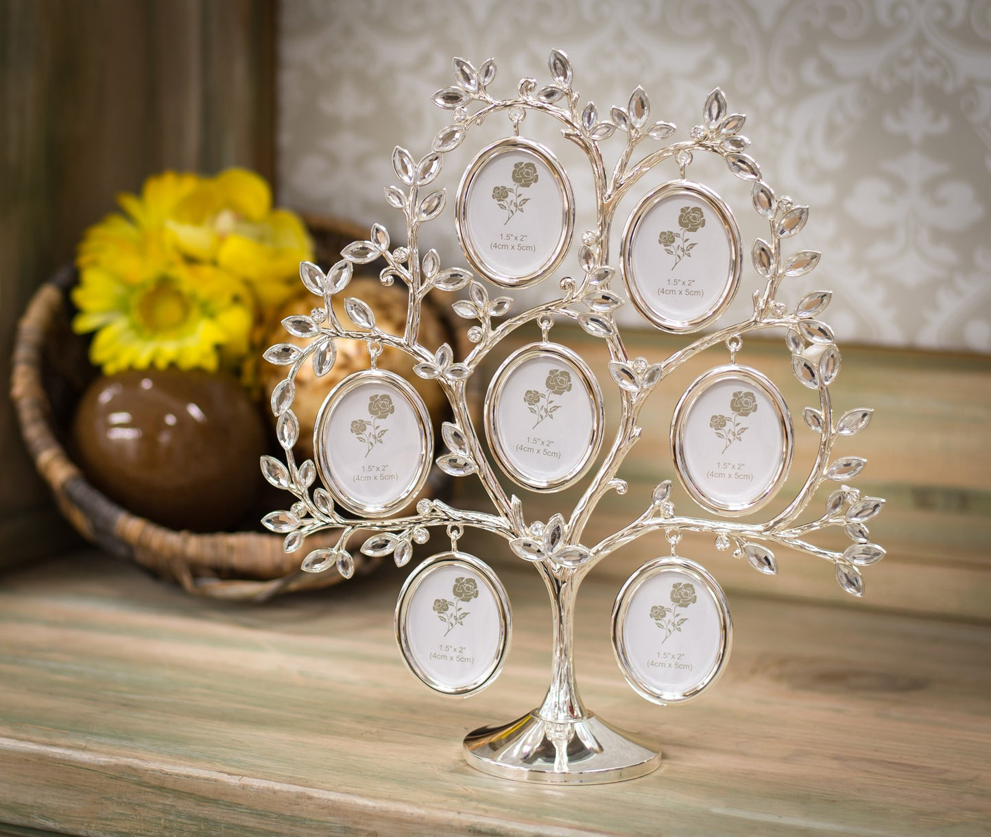 Roman Family Tree Jeweled Silver Finish Metal 11 x 3 Collage Photo Frame Stand