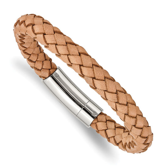 Stainless Steel Polished Light Tan Leather 8.5in Bracelet 8.5 inches
