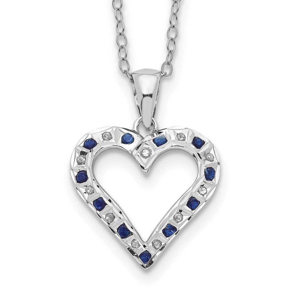 Diamond Fascination Diamond Mystique Sterling Silver Platinum-plated Diamond and Sapphire Heart 18 Inch Necklace 18 Inches