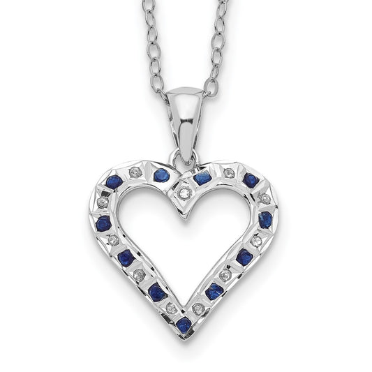Diamond Fascination Diamond Mystique Sterling Silver Platinum-plated Diamond and Sapphire Heart 18 Inch Necklace 18 Inches