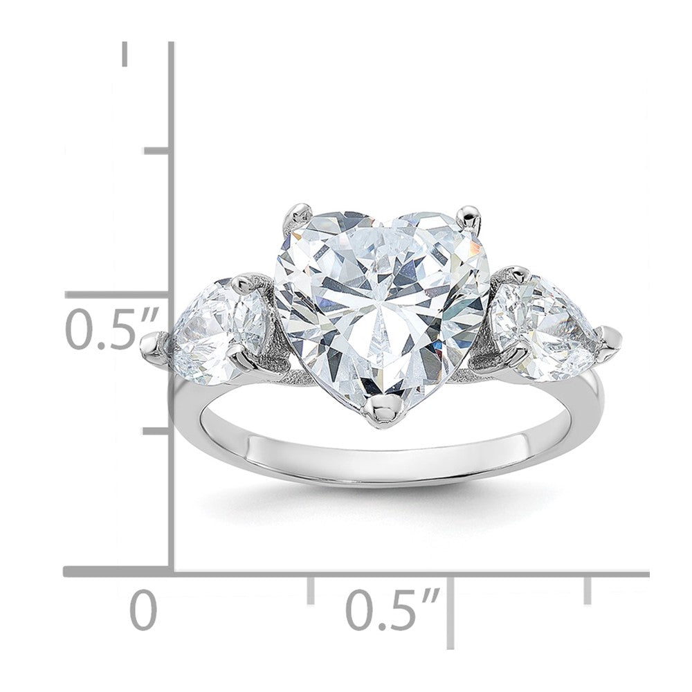 Sterling Silver Rhodium-plated Heart Shape Center CZ 3-Stone Ring