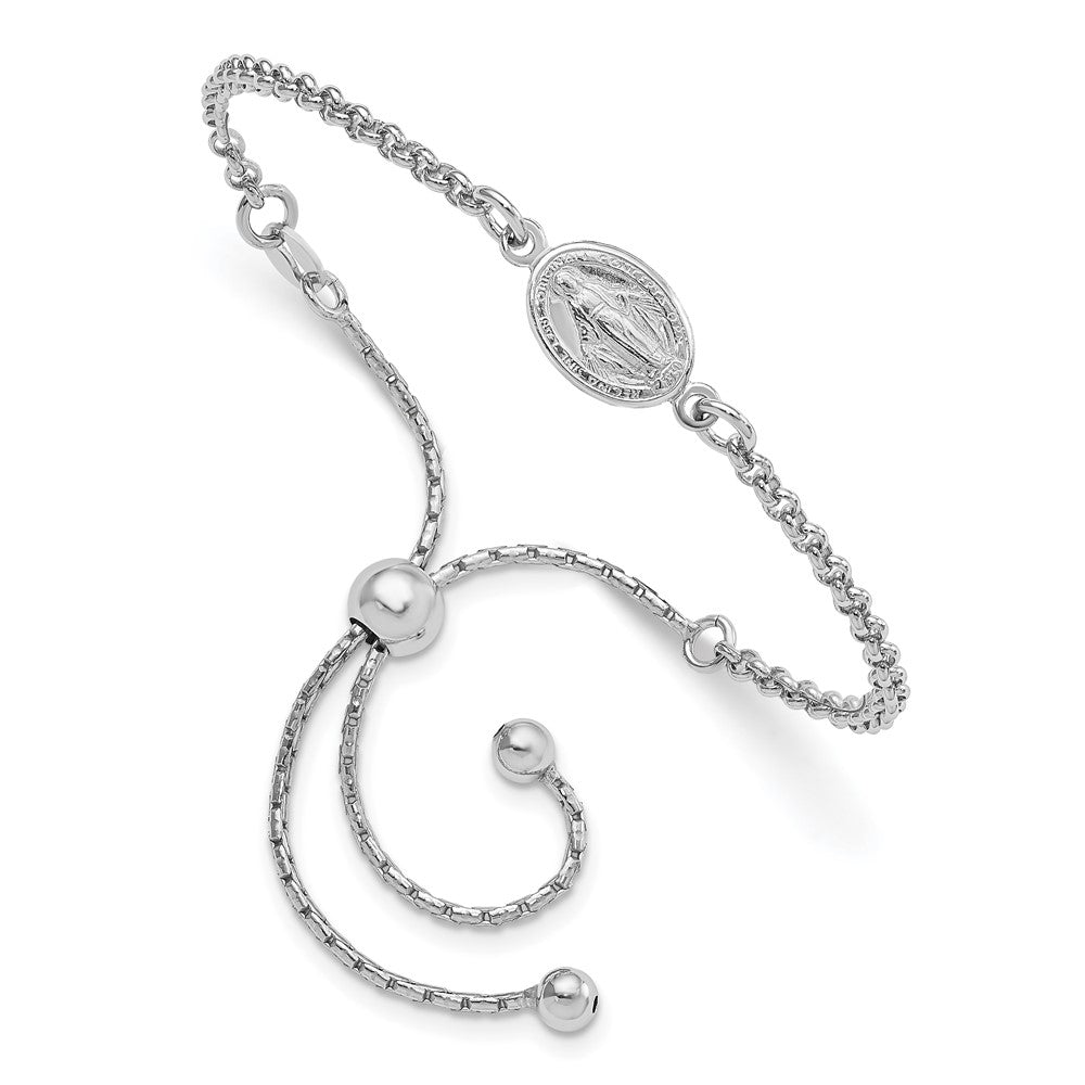 Sterling Silver Rhodium-Plate Miraculous Medal Adjustable 4-9in Bracelet 4 to 9 inches